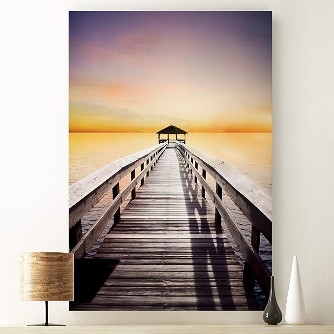 Renditions Gallery Canvas Nature Wall Art Home Paintings & Prints Serene Sunset Dock Romantic Glam Modern Wall Hanging Decorations for Bedroom Living Room Office Kitchen - 32"x48" LT06
