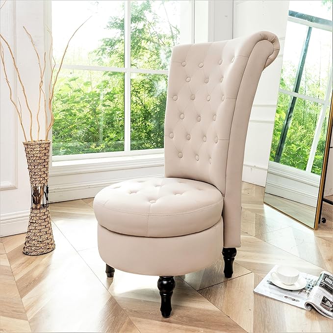 Royal High-Back Velvet Accent Chair for Vanity with Storage and Luxurious Upholstery, Retro Design and Versatile Usage for Living Room, Bedroom, Lounge and Office, Ivory
