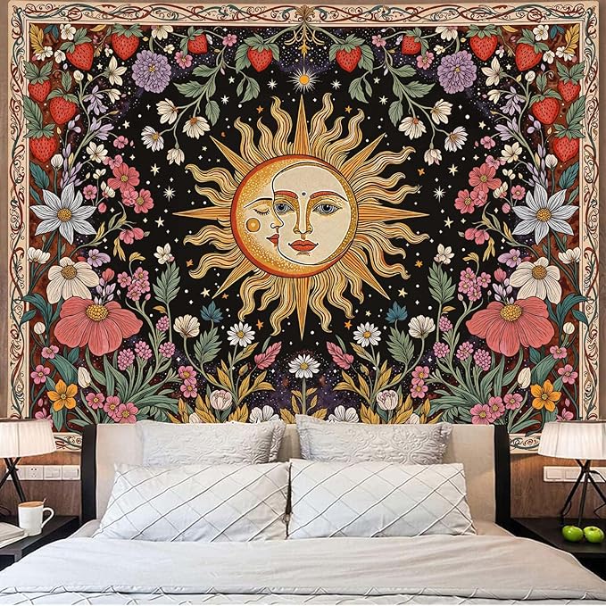 Accnicc Sun and Moon Tapestry Boho Vintage Floral Wall Tapestry for Bedroom Aesthetic Hippie Celestial Botanical Colorful Plant Large Tapestries Wall Hanging for Living Room Dorm 80 x 60 Inch