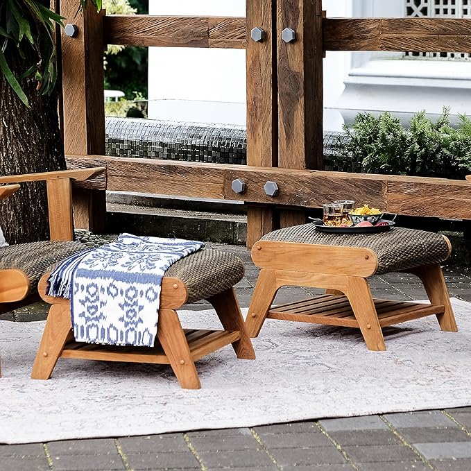 Cambridge Casual Auburn Teak Outdoor Ottoman, All Weather Padded Woven Seat