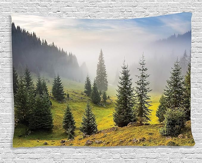 Ambesonne Forest Tapestry, Fir Trees on Meadow Between Hillsides Conifer Woodland in Fog Before Sunrise, Wide Wall Hanging for Bedroom Living Room Dorm, 60" X 40", Gray Green