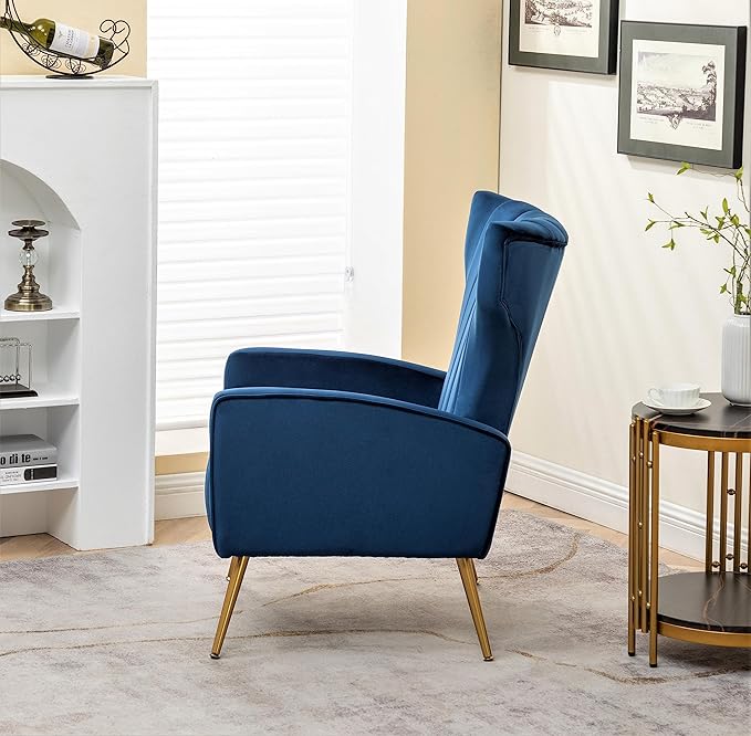 Modern Velvet Accent Chair, Channel Tufted Bedroom, Office or Living Room Furniture with Elegant Metal Legs, 26" Wide Armchair, Blue