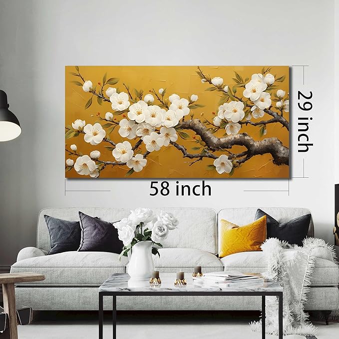 Plum Blossom Prints Wall Art for Living Room Yellow and White Wall Decor for Bedroom Big Canvas Wall Art for Office Size 29 x 58 Inch