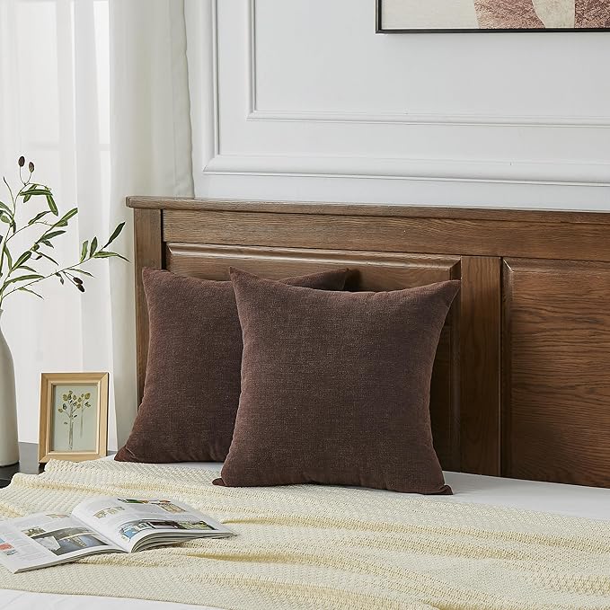 GAWAMAY Decorative Chenille Throw Pillow Covers 24x24 Inch Pack of 2, Soft Square Couch Pillow Cover for Sofa Cushion Living Room Bedroom Solid Dyed Pillowcases Coffee 60x60cm (ONLY Covers)