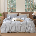 MooMee Striped Duvet Cover Set 100% Washed Cotton Linen Like Textured Breathable Durable Soft Comfy (Cornflower Blue White Wide Stripes, Alaska King 132"x120")