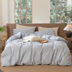 MooMee Striped Duvet Cover Set 100% Washed Cotton Linen Like Textured Breathable Durable Soft Comfy (Cornflower Blue White Wide Stripes, Alaska King 132"x120")