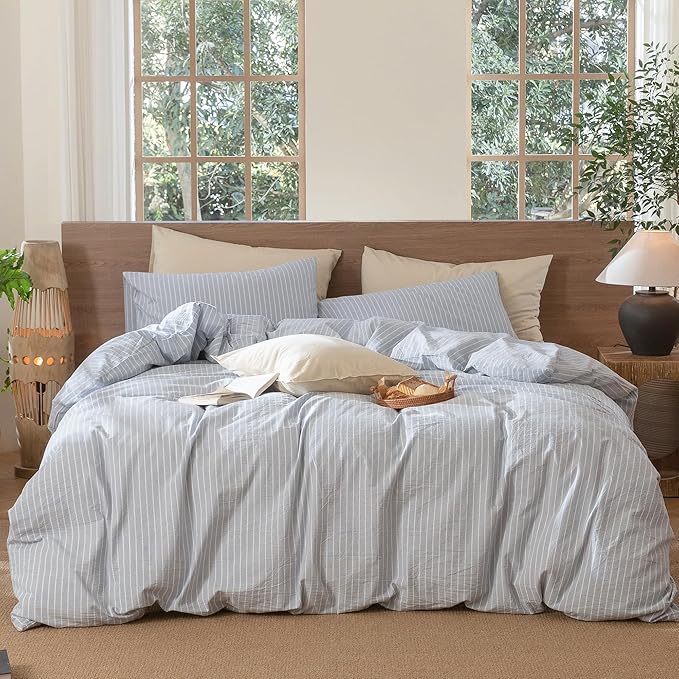 MooMee Striped Duvet Cover Set 100% Washed Cotton Linen Like Textured Breathable Durable Soft Comfy (Cornflower Blue White Wide Stripes, Alaska King 132"x120")
