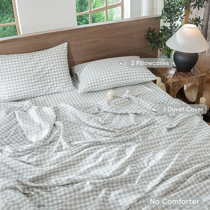 MooMee Gingham Duvet Cover Set 100% Washed Cotton Linen Like Textured Breathable Durable Soft Comfy Modern Checkered Design (Northern Droplet Grey Gingham, Super Queen 90"x98")