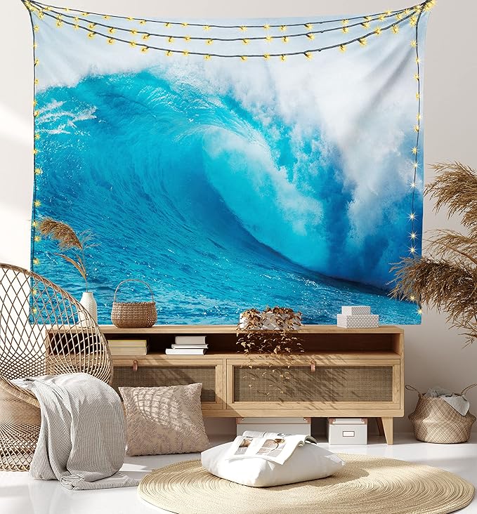 Ambesonne Ocean Tapestry King Size, Wavy Ocean Adventurous Surfing Extreme Water Sports Summer Holiday Destination Print, Wall Hanging Bedspread Bed Cover Wall Decor, 104" X 88", Aqua White