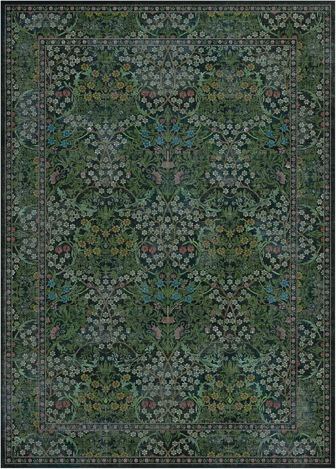 Lessymo Floral Living Room Rug 8x10 Area Rugs, Vintage Forest Washable Rugs for Dining Room Bedroom, Low Pile Non Slip Rubber Green Mat, Distressed Retro Indoor Boho Carpet, Forest Green