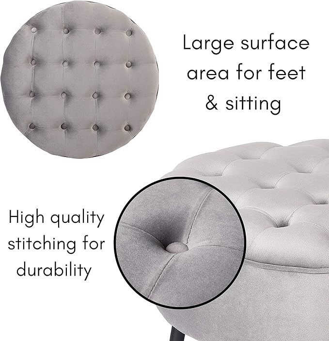 BIRDROCK HOME Tufted Round Ottoman - Velvet Footrest with Cushion and Mid-Century Modern Steel Legs - Ideal for Living Room, Bedroom, or Office Seating - Soft, Compact Decorative Footstool - Grey