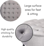 BIRDROCK HOME Tufted Round Ottoman - Velvet Footrest with Cushion and Mid-Century Modern Steel Legs - Ideal for Living Room, Bedroom, or Office Seating - Soft, Compact Decorative Footstool - Grey
