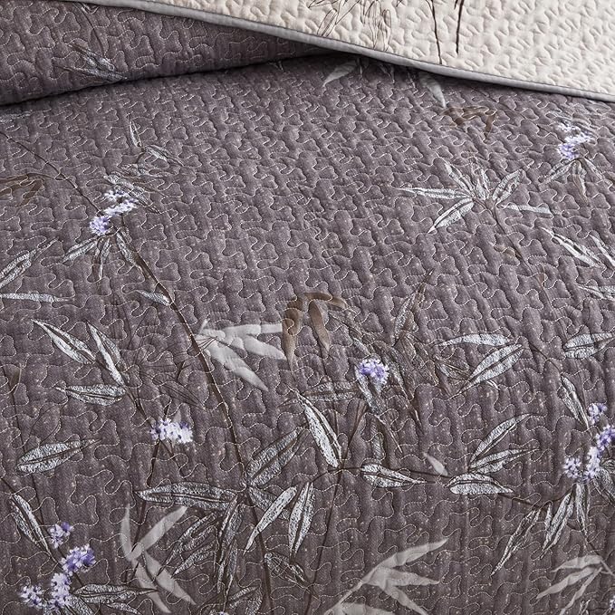 Flysheep Quilt Set 2 Pieces Twin Size, Black Leaves Botanical Design Reversible Bedspread Coverlet Set, Soft Microfiber Lightweight Bed Cover for Kids (68" x 86", 1 Quilt+ 1 Pillow Sham)
