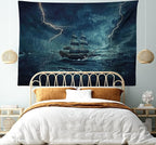 Ambesonne Landscape Tapestry King Size, Stormy and Rainy Weather Waves Vintage Ship Sailing Oil Paint, Wall Hanging Bedspread Bed Cover Wall Decor, 104" X 88", Dark Cadet Blue White