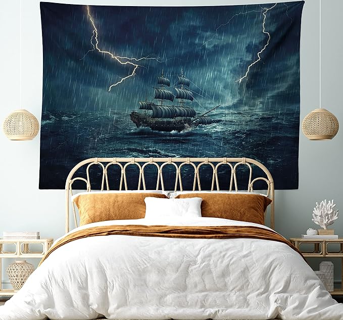 Ambesonne Landscape Tapestry King Size, Stormy and Rainy Weather Waves Vintage Ship Sailing Oil Paint, Wall Hanging Bedspread Bed Cover Wall Decor, 104" X 88", Dark Cadet Blue White