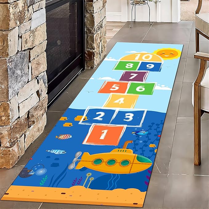 Undersea Tropical Fish Runner Rug for Entryway, 3.3x10ft, Hopscotch Game Cartoon Print Daycare Carpets, Non Slip Machine Washable Fade Resistant High Traffic Kids Play Rug for Living Room