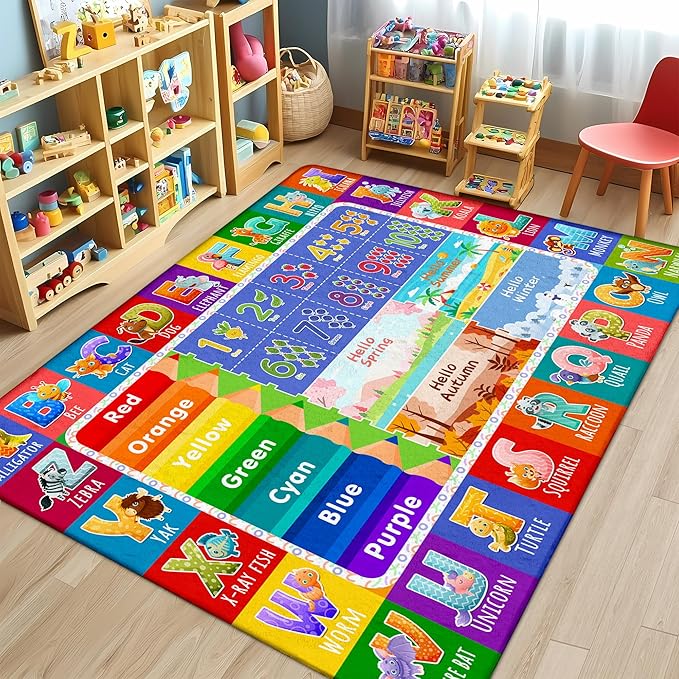 Kids Classroom & Playroom Rug - ABC Alphabet Educational Area Rug with Animals Colors & Numbers - Washable Non-Slip Carpet Playmat for Nursery Preschool & Reading Area 6x9 Feet