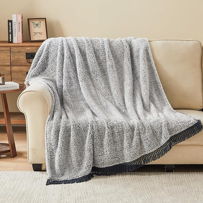EMME Soft Sherpa Fleece Blanket with Tassel, Reversible Plush Fluffy Large Blanket, Light Weight Warm Decorative Boho Blanket Cover for Sofa, Couch, Bedroom,Travel(Tassel Navy,90"x90")