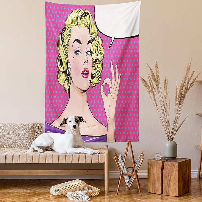 Ambesonne Vintage Tapestry, Pop Art Blonde Woman Making OK Sign on Dotted Background Retro Comic Book Design, Fabric Wall Hanging Decor for Bedroom Living Room Dorm, 30" X 45", Pink Blue