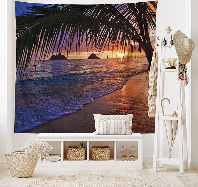 Ambesonne Hawaiian Tapestry, Pacific Sunrise at Lanikai Beach Hawaii Sandy Tropics Hills Leaves Landmark, Fabric Wall Hanging Decor for Bedroom Living Room Dorm, 45" X 30", Umber Purple