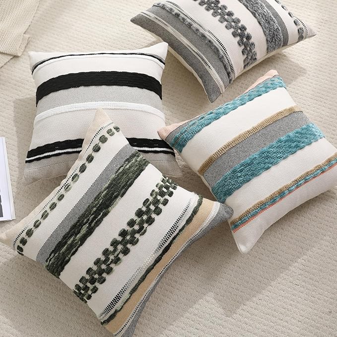 Boho Pillow Covers 18x18 Set of 2 for Couch-Modern Farmhouse Sofa Green Decorative Throw Pillow Covers Textured Chenille Cushion Covers Outdoor Netural Bohemian Bed Pillow Cases Square
