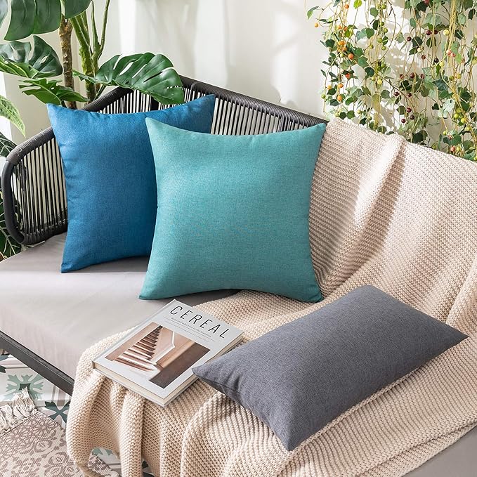 MIULEE Pack of 2 Decorative Outdoor Solid Waterproof Throw Pillow Covers Faux Linen Garden Farmhouse Coastal Cushion Cases for Summer Patio Tent Balcony Couch Sofa 16x16 Inch Turquoise