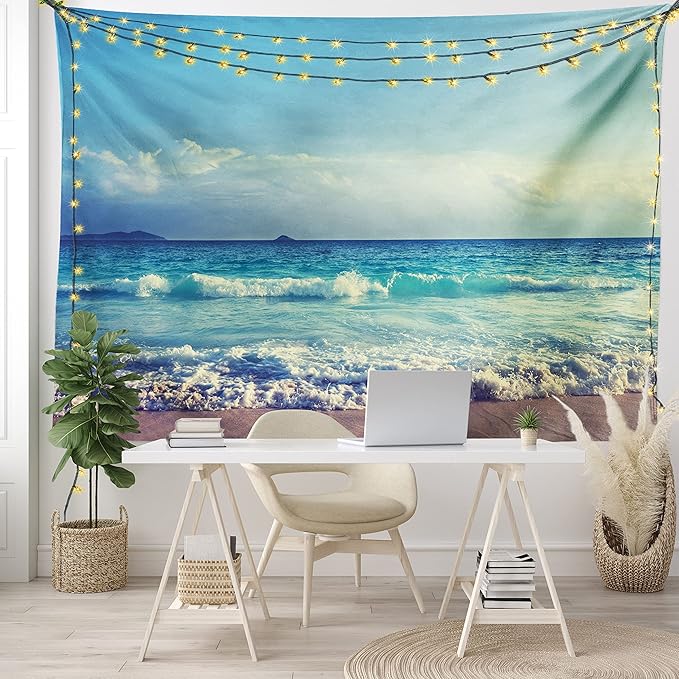 Ambesonne Tropical Island Tapestry King Size, Ocean Waves on Seychelles Beach at the Sunset Time Skyline, Wall Hanging Bedspread Bed Cover Wall Decor, 104" X 88", Turquoise Sky Blue Umber