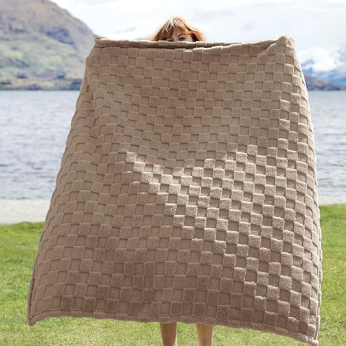 Bedsure GentleSoft Light Brown Throw Blanket for Couch - Checkered Fleece Blankets Gifts for Women Men Girls, Cute Soft Cozy Throw for Bedroom Home Decor Gifts, 50x60 Inches
