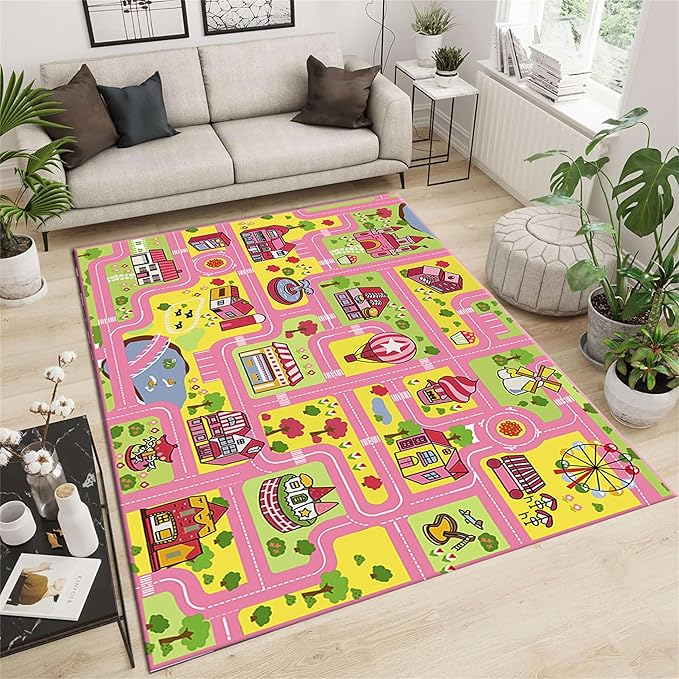 Kids Gaming Area Rug Modern Cartoon Car House Road Educational Learning Carpets, Pink Large Size Non-Slip Washable Thin Floor Mats Ideal for Girls Bedroom Playroom Dining Room Kitchen, 3x4ft