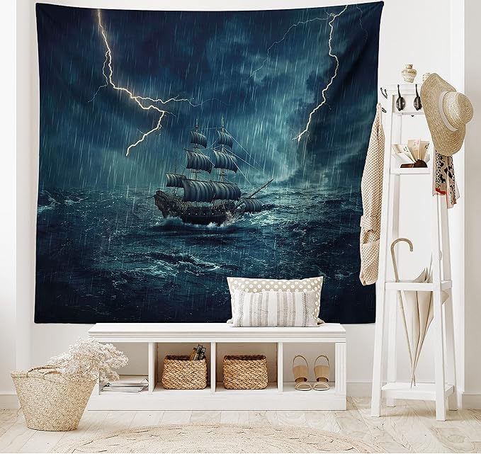 Ambesonne Landscape Tapestry King Size, Stormy and Rainy Weather Waves Vintage Ship Sailing Oil Paint, Wall Hanging Bedspread Bed Cover Wall Decor, 104" X 88", Dark Cadet Blue White