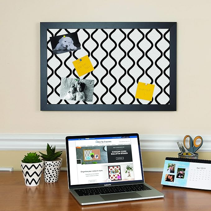 PinPix 27x19 Inch Cork Bulletin Board. This Decorative Framed Pin Board Comes with Black and White Waves Design and a Satin Black Frame. Ideal for Home Office Decor or Message Board (PinPix-194)