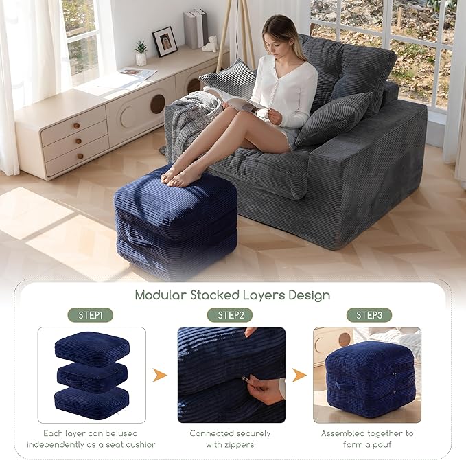 HIGOGOGO Pouf Ottoman Stuffed Square Modern Foam Filled Foot Rest Poufs 20 X 18 Inches Modular Ottomans Separated Into Floor Cushions for Living Room Chair Decorative Stool, Navy