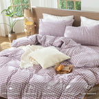MooMee Gingham Duvet Cover Set 100% Washed Cotton Linen Like Textured Breathable Durable Soft Comfy Modern Checkered Design (Classic Gingham Light Purple, Oversized Full 82"x86")