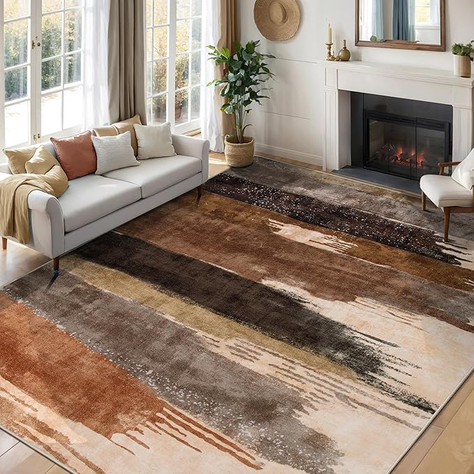 Ciicool Modern Abstract Rug for Living Room, 5'x7' Machine Washable Area Rug Non-Slip Rug, Low-Pile Contemporary Indoor Dining Floor Carpet for Bedroom Office Under Table Home Decor Brown Black