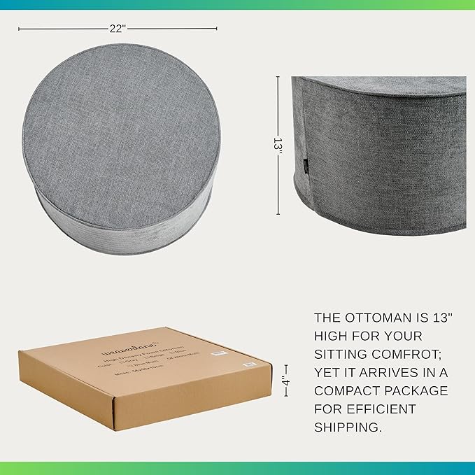 Large 22" Sturdy Ottoman Pouf for Living Room, Bedroom, Playroom, High Density Foam Filling Footrest, Side Table, Extra Seating Home College Dorm Décor Extra Firm (Gray)