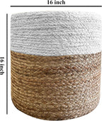 S & L Homes Pouf Ottoman - 100% Jute Braided Footrest Pouf Hand Knitted Traditional Cord Boho Pouffe for Living Room, Bedroom, Nursery, Patio, Lounge Colorblock - Natural Ivory (16”x16”x16”)
