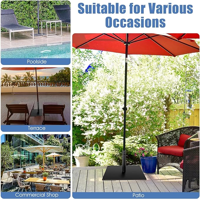 Tangkula 42 LBS Patio Umbrella Base, 25 Inches Heavy Duty Square Market Umbrella Base Stand W/4 Non-Slip Pads, 1.6”/1.9” Adapters, Tightening Knob, Outdoor Umbrella Stand for Patio, Poolside