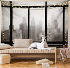 Ambesonne City Tapestry, Philadelphia City Rooftop View Through Window Skyline Landmark Rooftop Travel, Fabric Wall Hanging Decor for Bedroom Living Room Dorm, 28" X 23", Grey Black