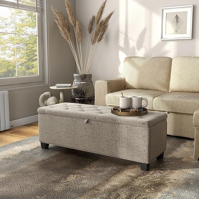 24/7 Shop at Home Sacallant Modern Linen Storage Bench with Button-Tufted Lift-Top, Upholstered Footstool, Rectangular Ottoman for Living Room, Bedroom, Entryway, Light Brown
