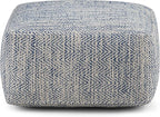 SIMPLIHOME Nate Square Pouf - 20 inch Wide Upholstered Handwoven Cotton Ottoman in Patterned Denim Melange, Boho Footstool or Extra Seating for Living Room with Artisanal Texture, Assembled