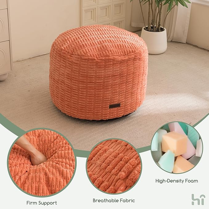 HIGOGOGO Pouf Ottoman Stuffed Round Modern Foam Filled Foot Rest Poufs for Living Room Chair Decorative 26 X 18 Inches Boho Relax Stool for Wedding Christmas Party, Coral Orange
