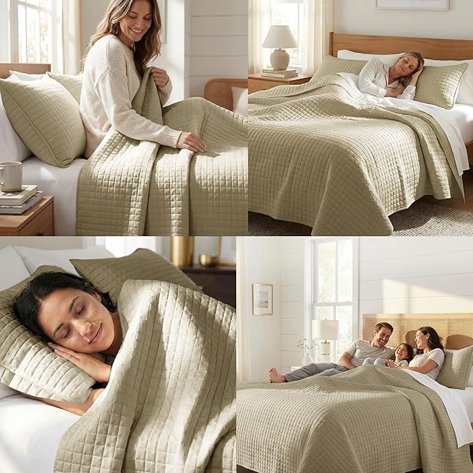 Southshore Fine Living, Inc. Full/Queen Quilt Set with 2 Matching Pillow Shams, Lightweight Full Size Quilt Coverlet, Easy Care, Machine Washable Queen Size Bedspread, Taupe