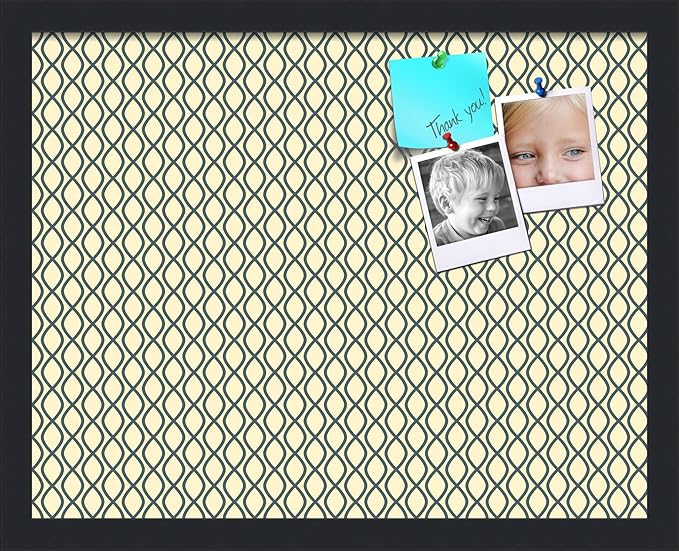 PinPix 19x15 Inch Cork Bulletin Board. This Decorative Framed Pin Board Comes with Yellow and Blue Waves Design and a Satin Black Frame. Ideal for Home Office Decor or Message Board (PinPix-321)