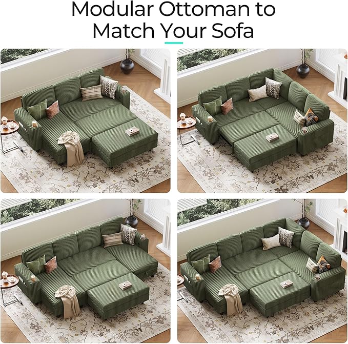 LINSY HOME Sectional Sleeper Sofa Storage Ottoman Bench, Convertible Coffee Table Plush Corduroy Couch Ottoman Footstool for Living Room, Bedroom Entryway and Family Room, Green