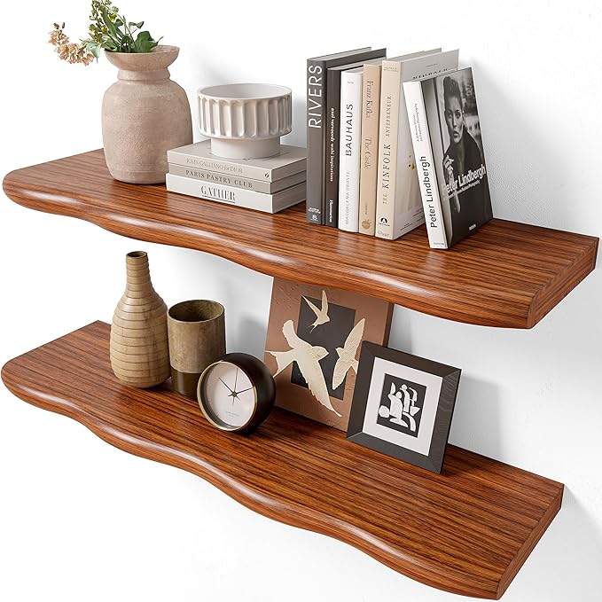 24inch Walnut Floating Shelves for Wall,Luxury Rustic Solid Wood Shelf Bracket for Room Decor/Storage/Display,Wall Mounted Hanging Shelves for Bedroom,Living Room, Set of 2