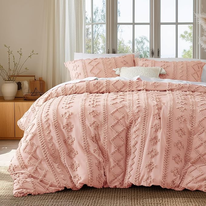 Bedsure Boho Duvet Cover King Size, Soft & Comfortable Elegant Design Boho Bedding for Decoration, Machine Washable Comforter Cover for All Seasons,Includes 1 Duvet Cover & 2 Pillow Shams,Light Pink