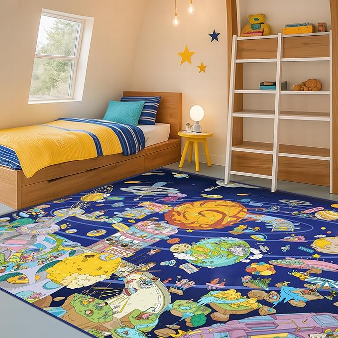 Outer Space Adventure 5x7 Kids Rug – Vibrant Galaxy Scene with Planets, Astronauts, Spaceships & Fun Details – Perfect Playroom or Bedroom Carpet for Learning & Imagination