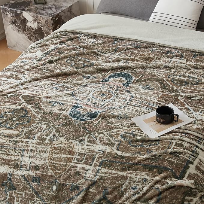 Oversized Vintage Pattern Blanket 120x120 Inches, Giant 10'x10' for Bed, Travel, and Camping, Extra Large Soft Blanket for The Whole Family and Outdoor, Brown