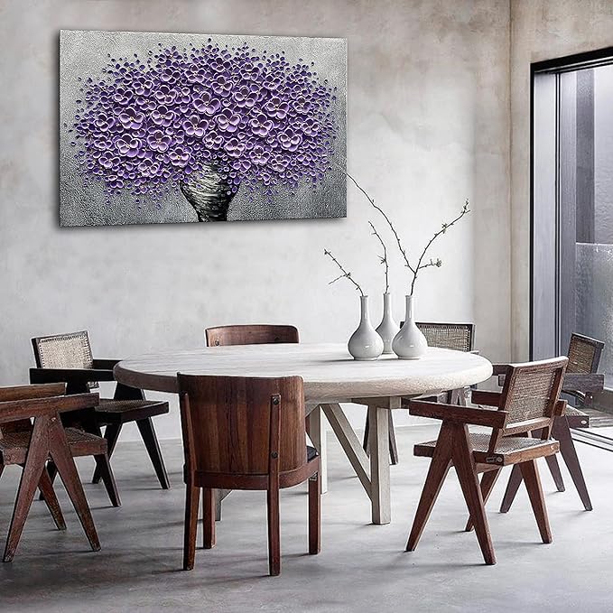 Epicler art hand-painted purple 3D flower decorative oil painting, flower wall decorative frame wall Art, modern Art living room, bedroom, office, hotel restaurant wall Art 28x40 inch