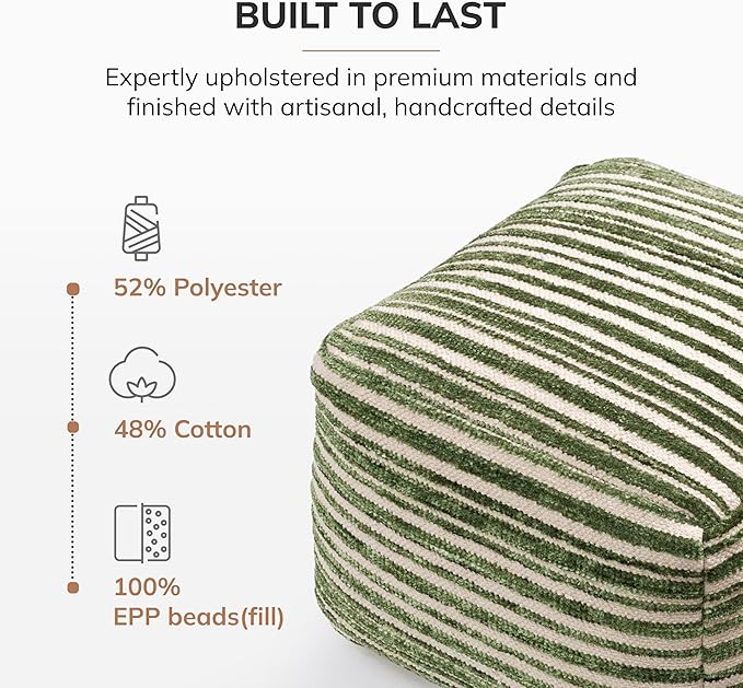Anji Mountain Artisan Crafted Cotton Blend Pouf Ottoman | Versatile Floor Seating & Footstool for Living Room | Modern Boho Home Décor Accent | Filled Pouffe